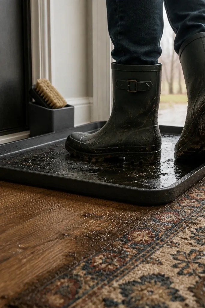 Black rubber boot tray with a shoe brush and two pairs of boots beside a door mat