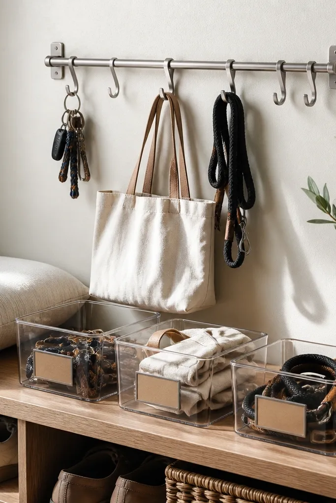 White wall with a narrow hook rail, two hooks labeled for keys and leashes, and a scarf