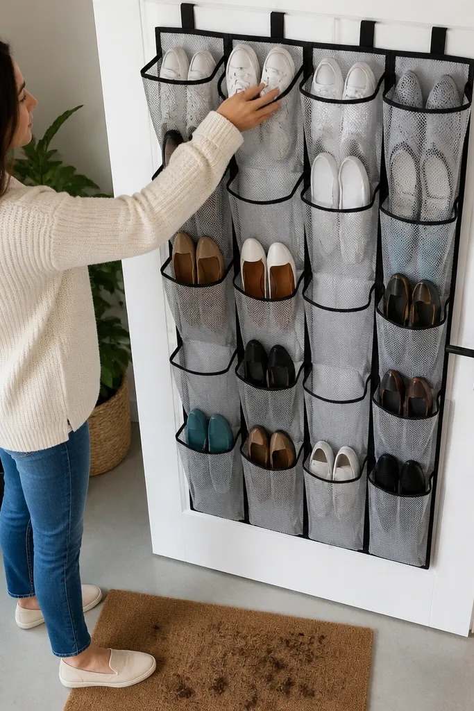 Over-the-door shoe organizer with open mesh panels and three pairs of sneakers