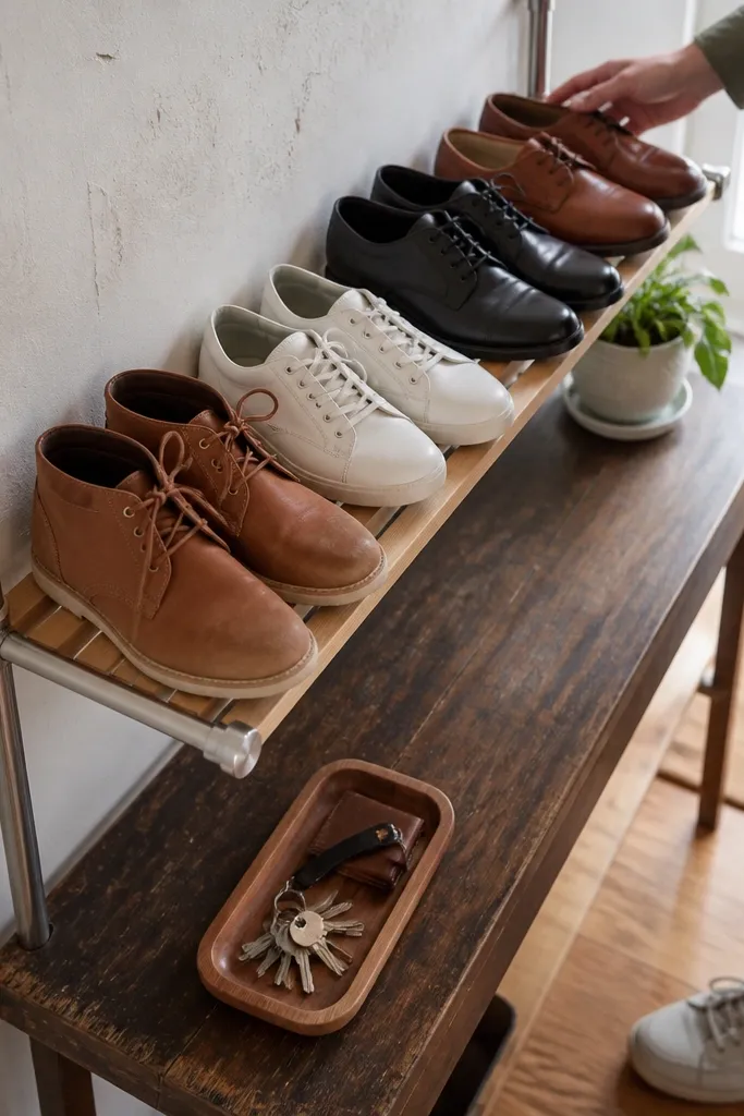 Two tension rods across a small entry alcove with a thin shelf holding shoes