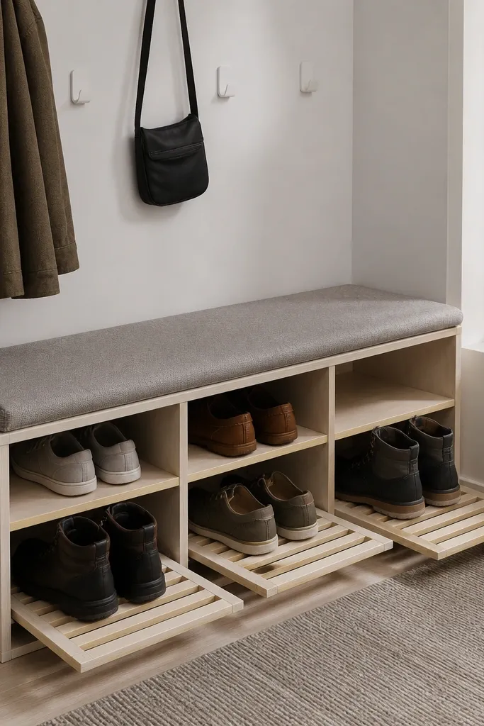 Small bench with open cubbies and wooden slat inserts holding shoes
