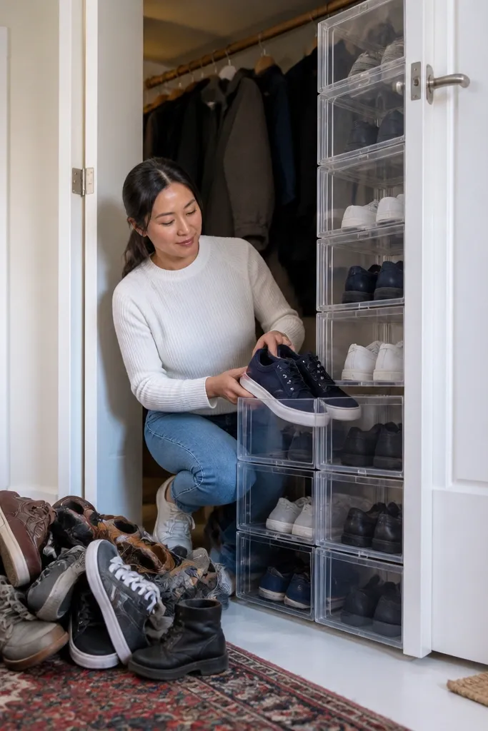 Clear stackable bins inside a closet holding shoes, with labels on the front