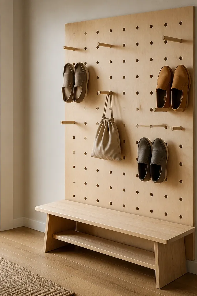 Light pegboard panel with removable pegs holding a pair of sneakers and a boot