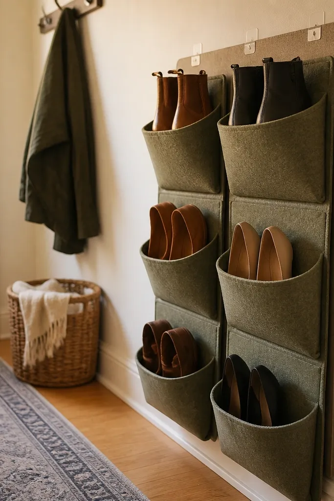 Felt shoe organizer panels with pockets holding flats, hung over a door or on a board