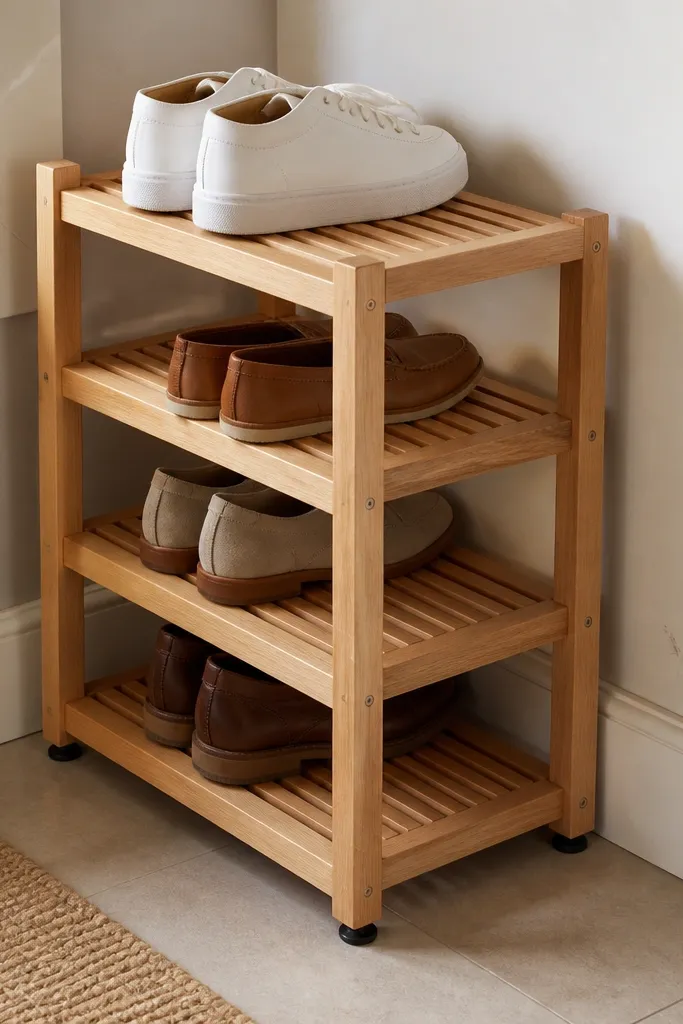 Light wood slat shelf in a corner with two pairs of shoes and a small plant