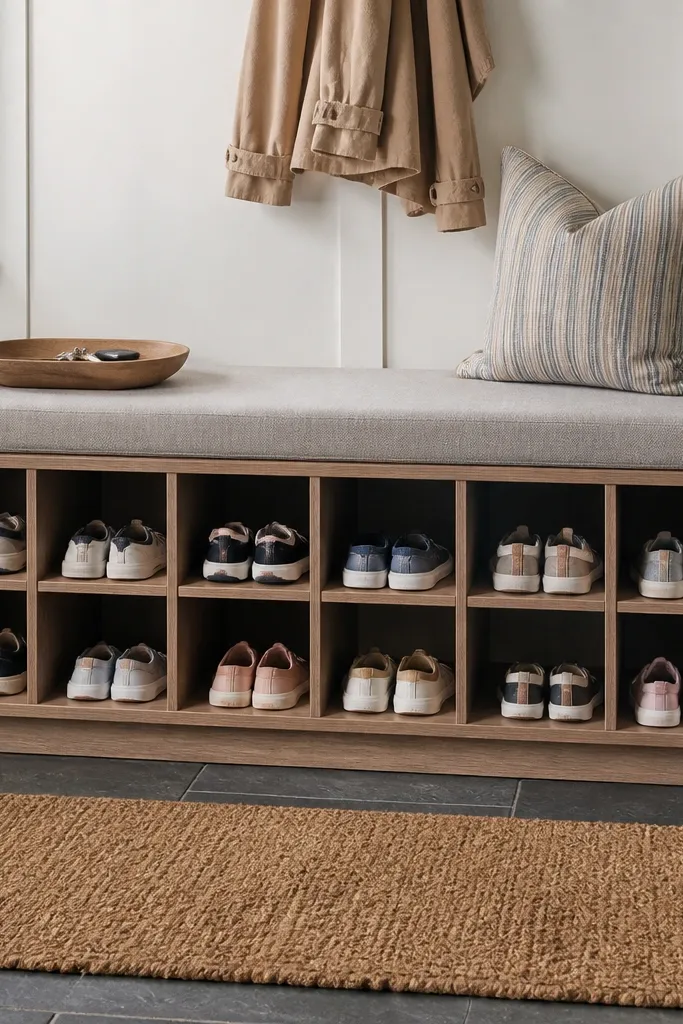 Bench shelf with fabric dividers creating separate compartments for sneakers