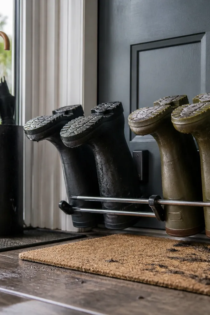 Portable boot drying rack with airflow space and a towel nearby