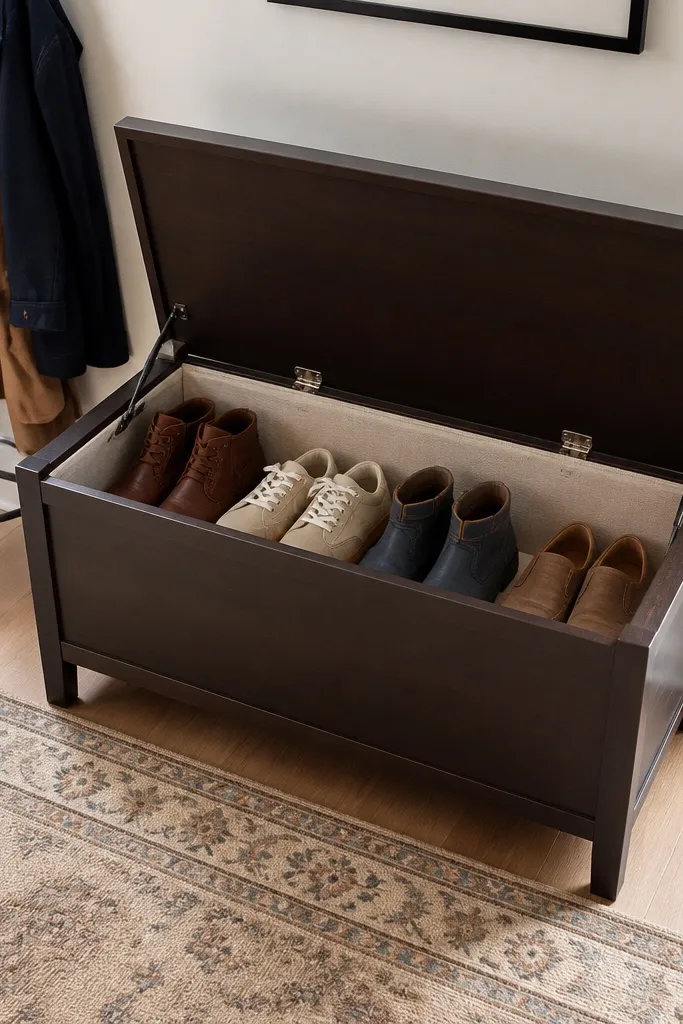 Lift-top bench with a soft liner inside and shoe pairs neatly packed