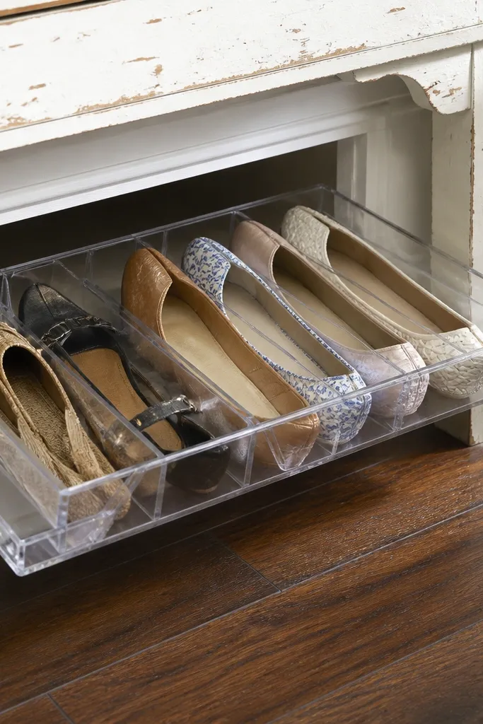 Clear sliding shoe drawer unit under a console with two shoe layers and labels