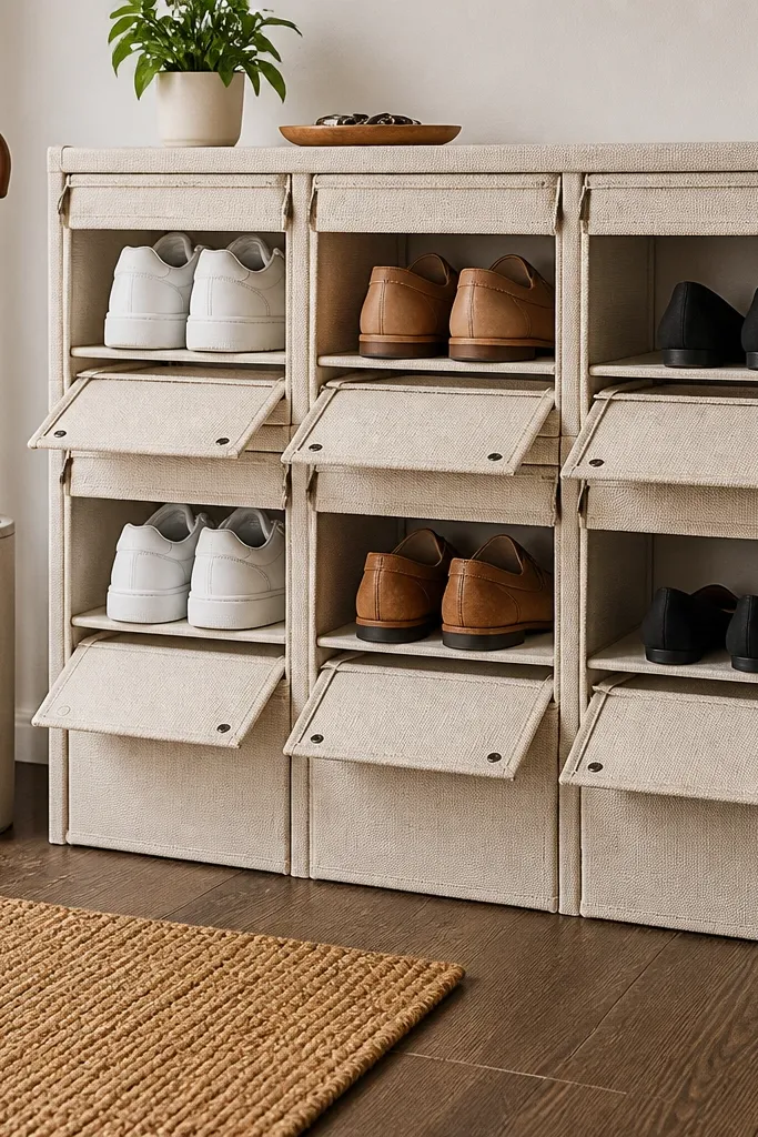 Stackable fabric shoe cubes with pop-out fronts and two pairs per cube