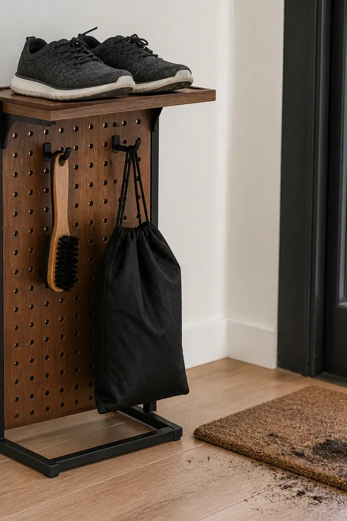 Freestanding pegboard stand with shelves holding shoes neatly by pair