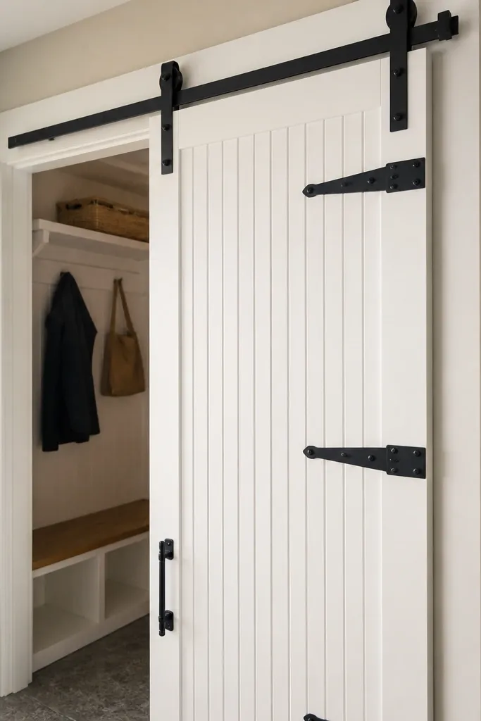 White beadboard door with matte black strap accents and a black sliding rail