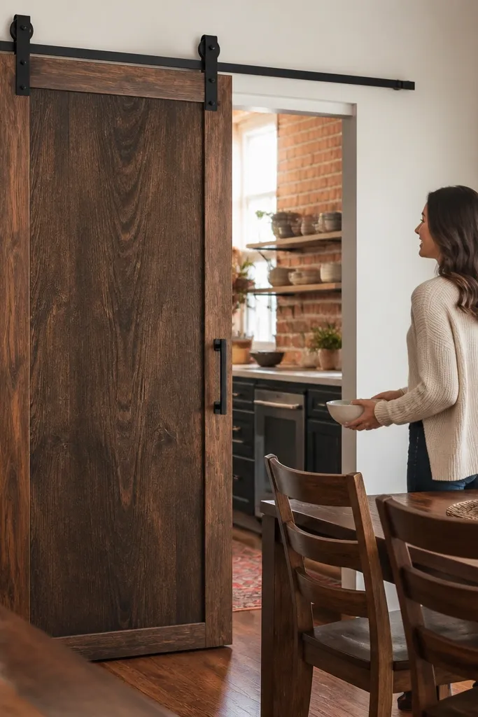 Stained dark wood plywood door with a lighter framed border and black track