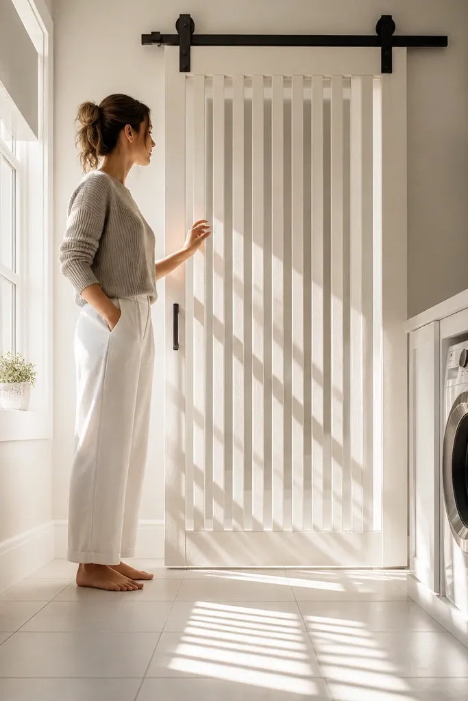 Rustic slatted door with evenly spaced vertical boards and bronze sliding hardware