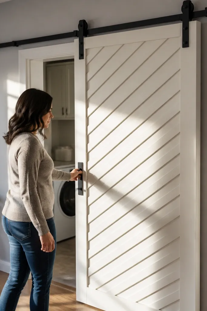 Door with angled wooden strips creating a louver pattern and matte black track