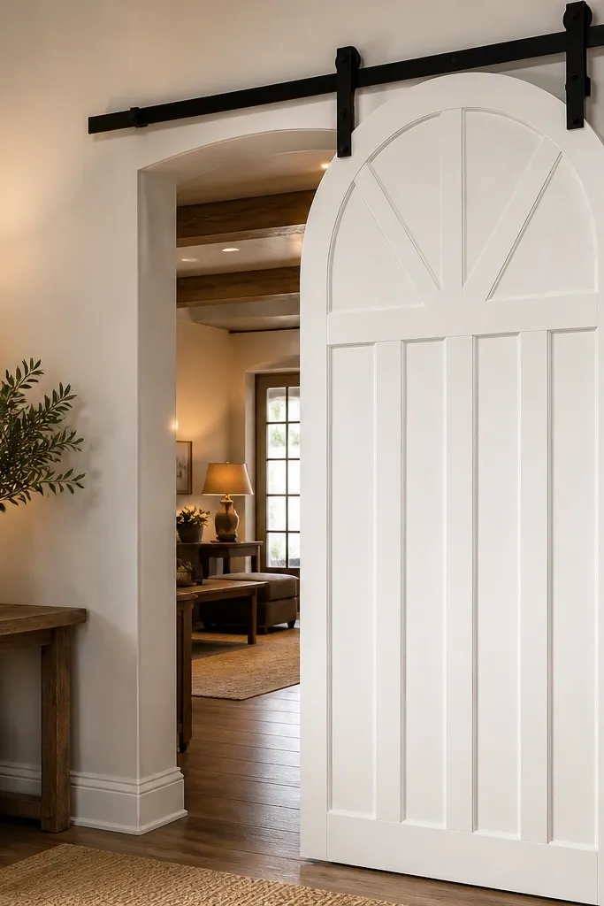 White arched-top door with panel sections and a black sliding rail