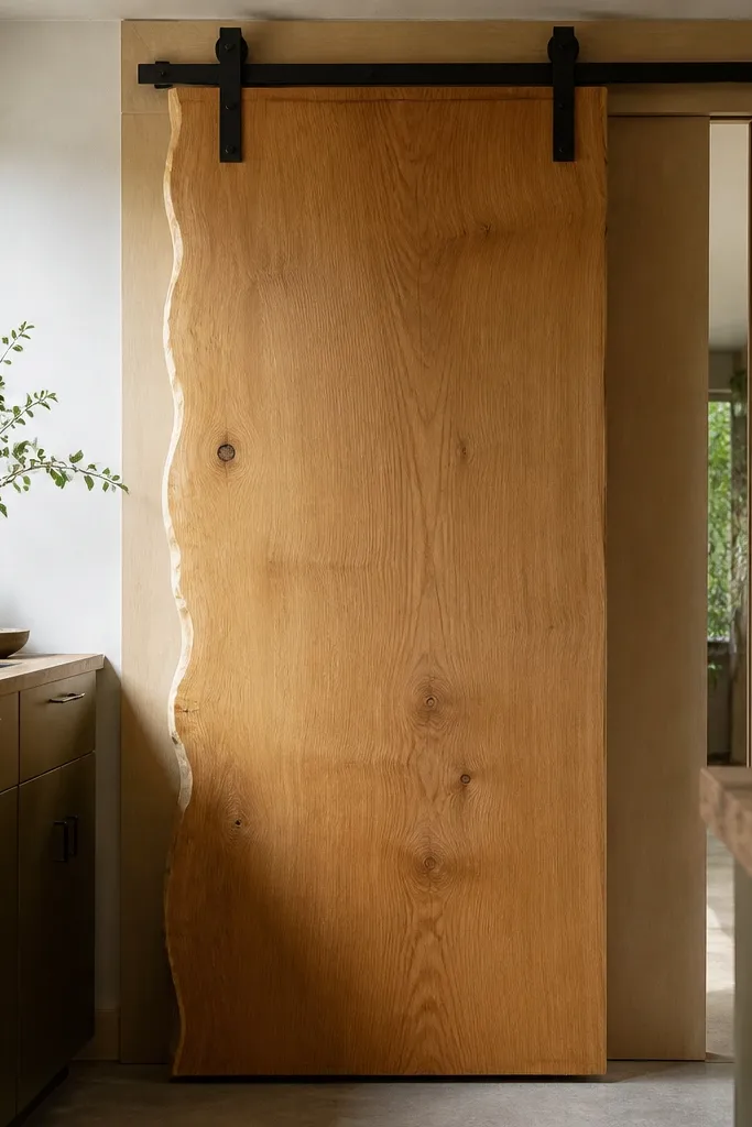 Door with natural edge veneer and warm stain, sliding on black track