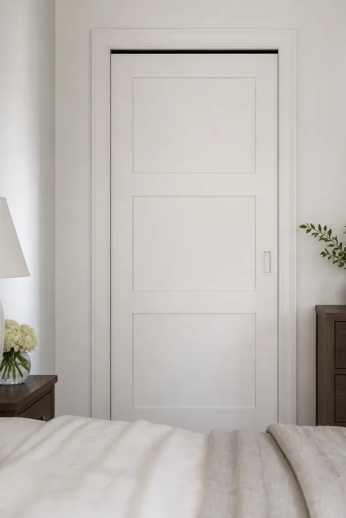 All-white paneled barn door with a recessed finger pull and silver track