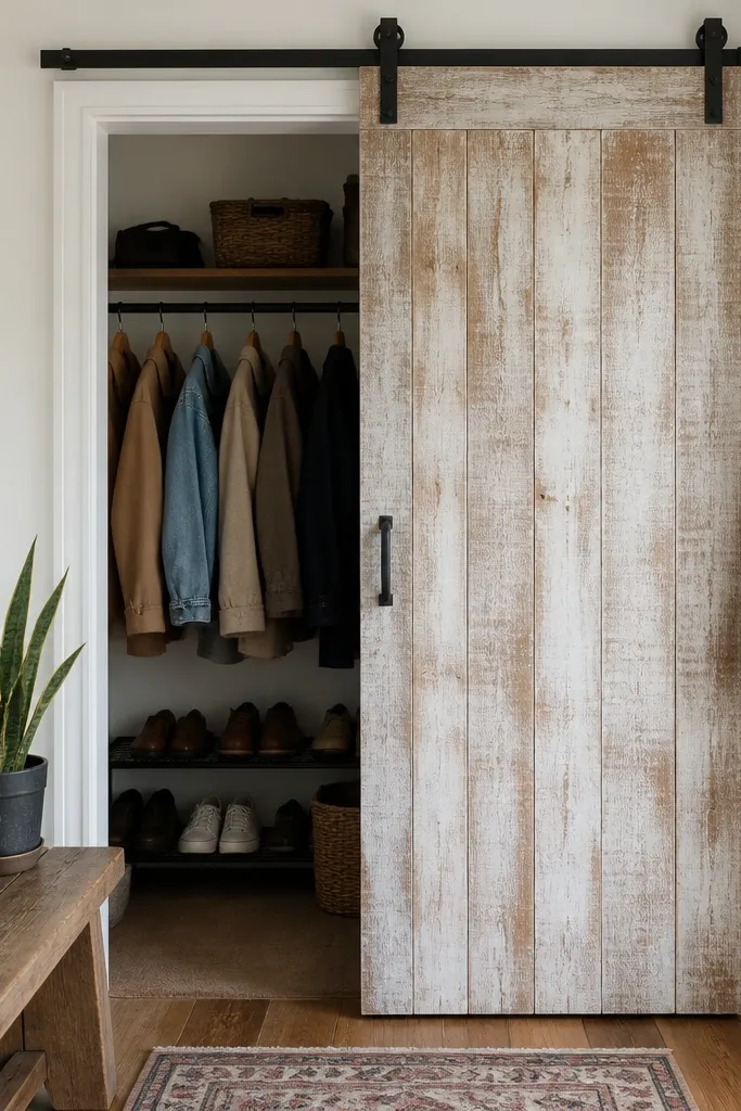 Whitewashed plank door with visible grain texture and bronze track