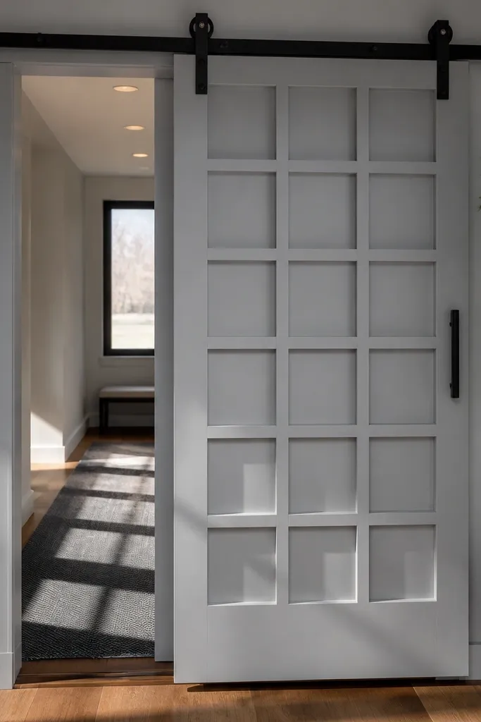 Door with grid pattern frames and inset panel squares on black track