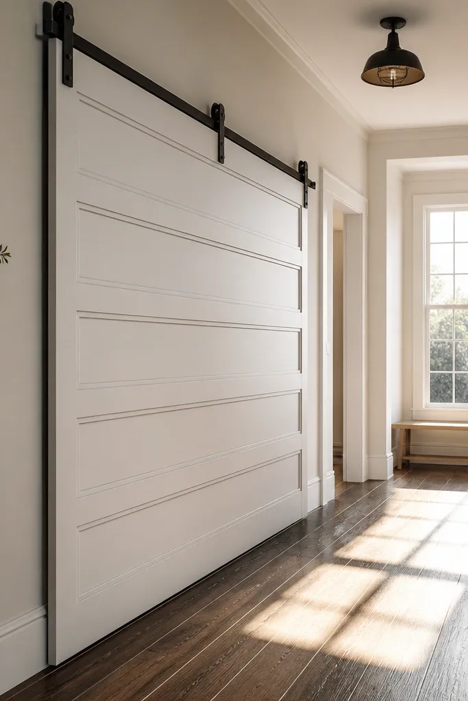 Door with horizontal wainscot panels and a warm wood stain, sliding on brass track