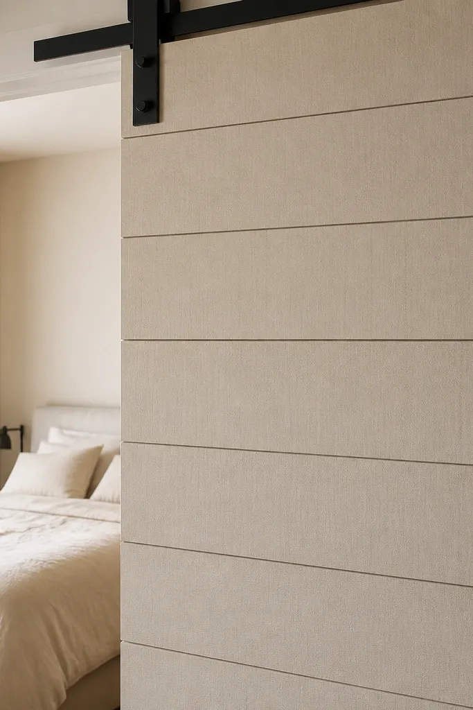 White shiplap-textured door with minimal hardware and matte black track