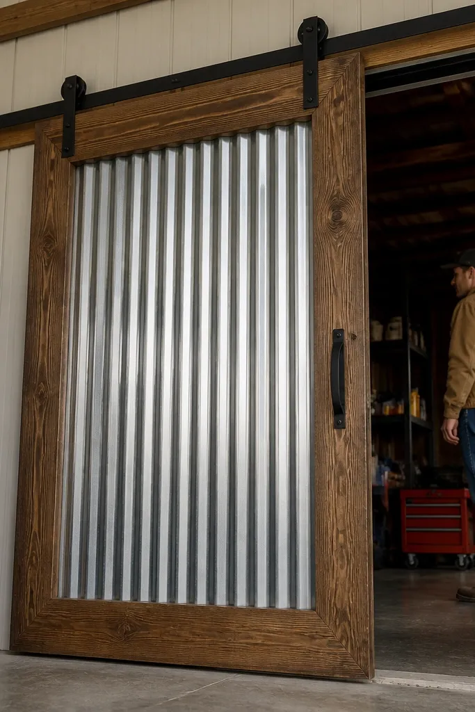 Wood framed door with corrugated metal insert and black sliding track