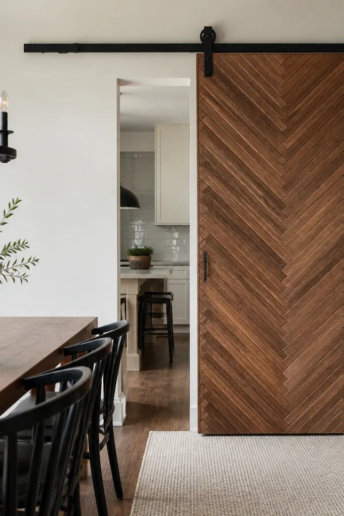 Door face with herringbone pattern and warm stain, sliding on bronze track