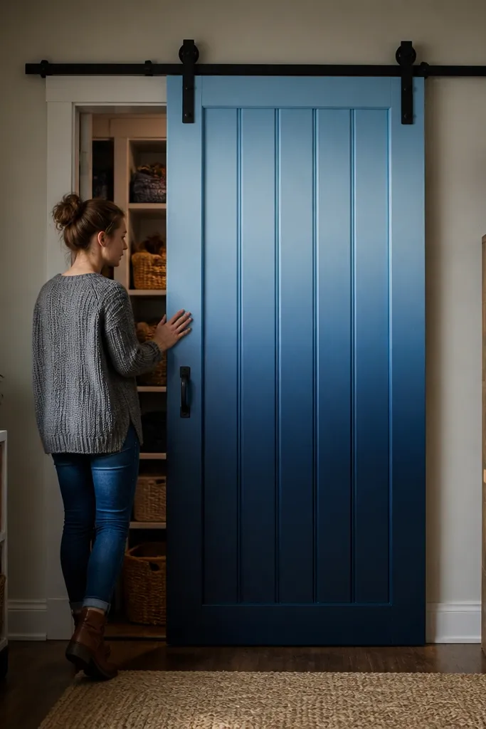 Door with vertical stiles and a subtle ombre paint fade, sliding on black track