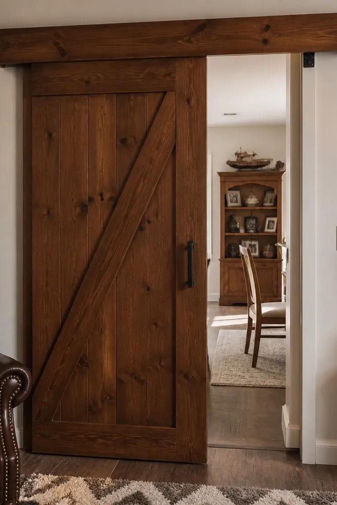 Barn door with a removable wood valance over the track and warm stained panels