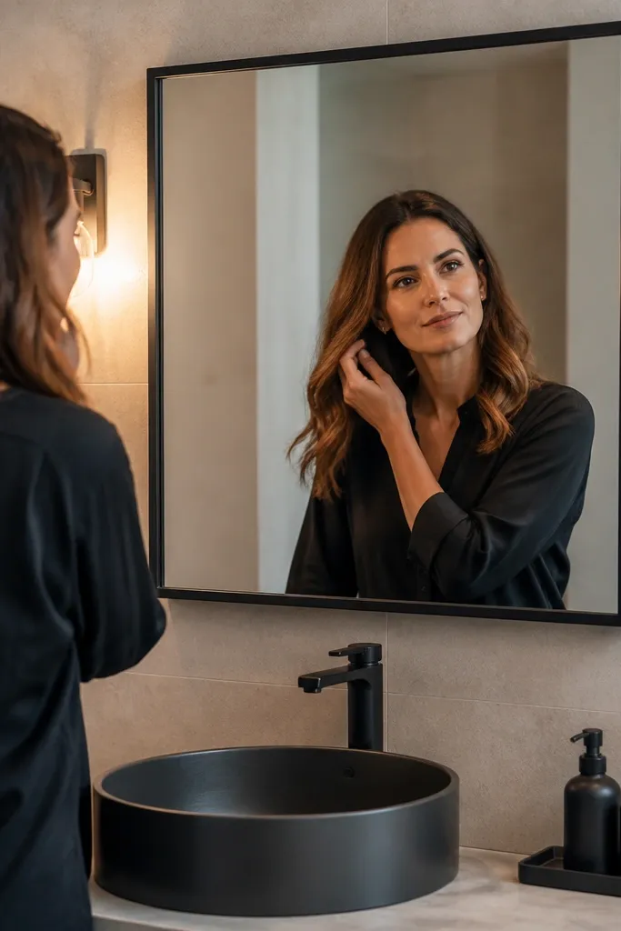 Thin black framed mirror above a small sink with warm light