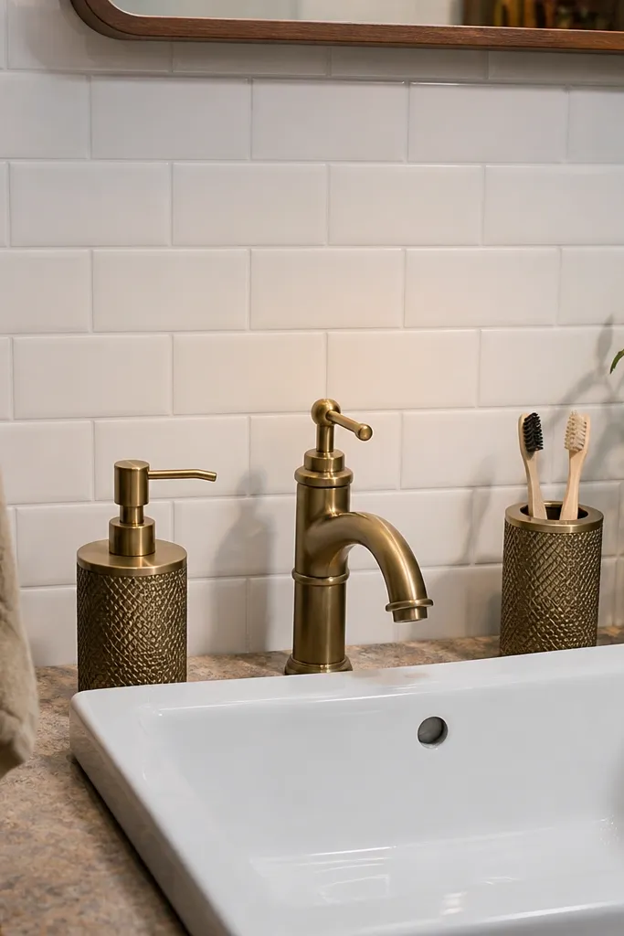 White peel-and-stick subway tile backsplash behind a small sink