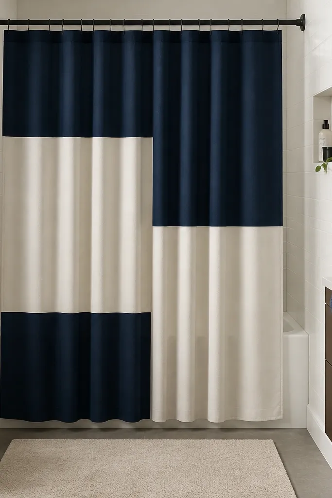 Shower curtain with bold color blocks and a taut tension rod