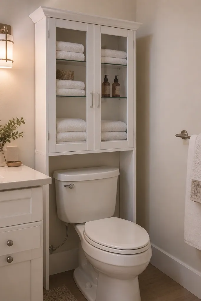 White over-the-toilet cabinet with glass doors and neatly folded towels