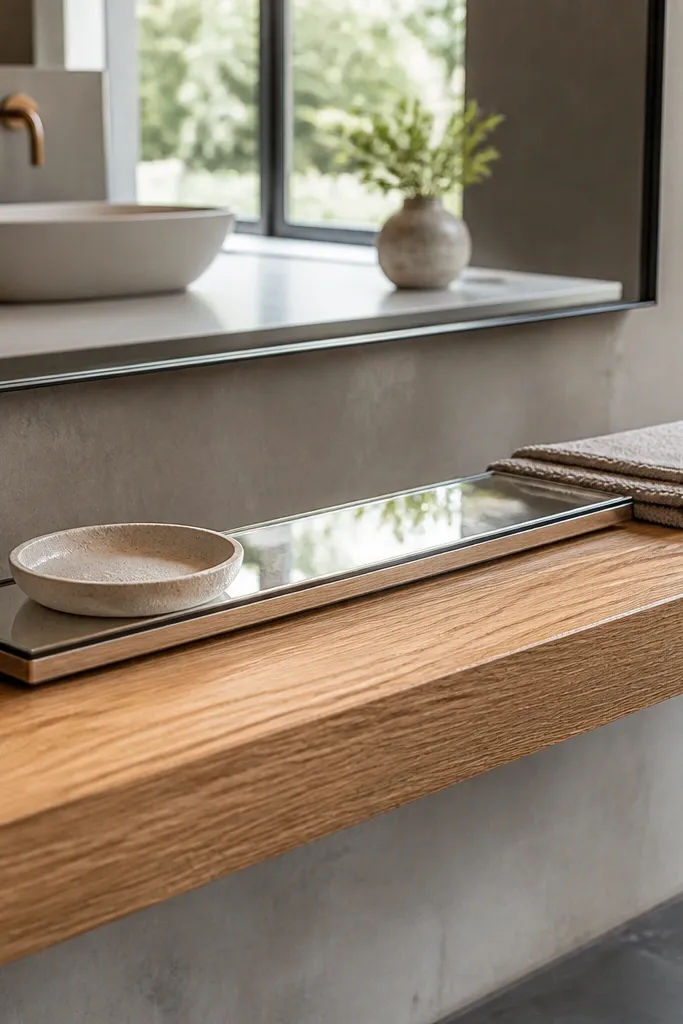 Warm oak floating shelf with minimal decor and a tray below a mirror