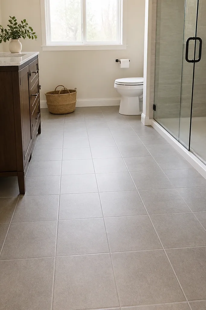 Matte peel-and-stick floor tiles with grout lines in a small bathroom