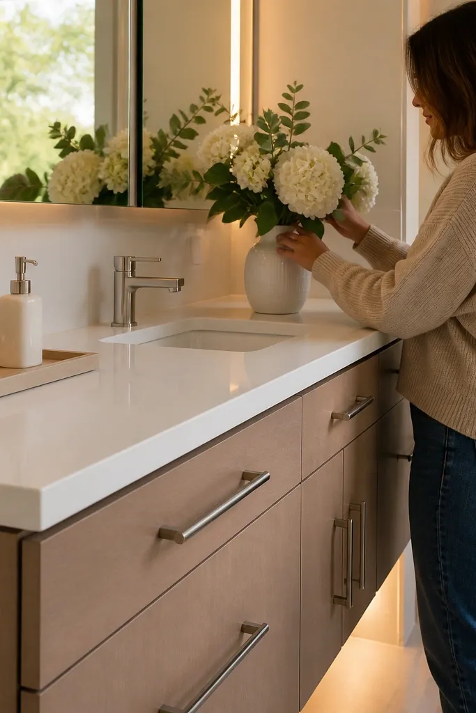 Small bathroom vanity with a smooth updated top and crisp edge banding