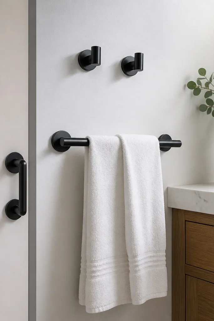 Matte black towel hooks and cabinet pulls on a small bathroom vanity
