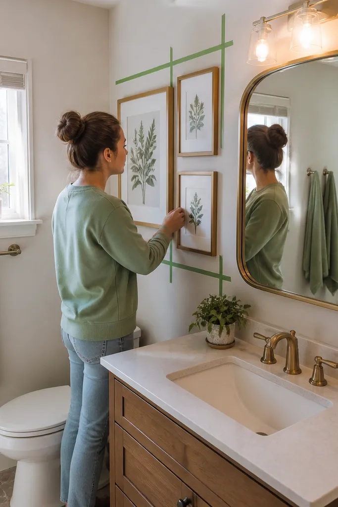 Small bathroom wall with a neat grid of removable framed prints