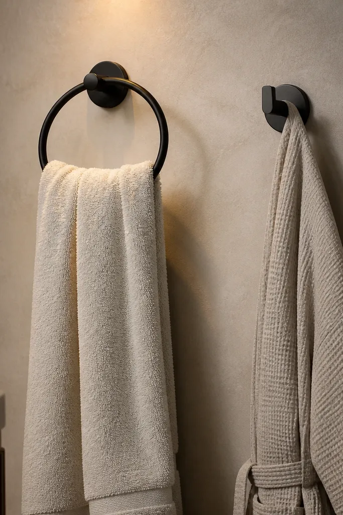 Large towel ring and robe hook with matching finish on a small bathroom wall