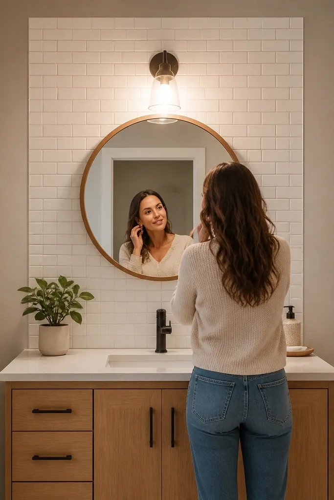 Framed mirror with a small peel-and-stick tile panel behind it
