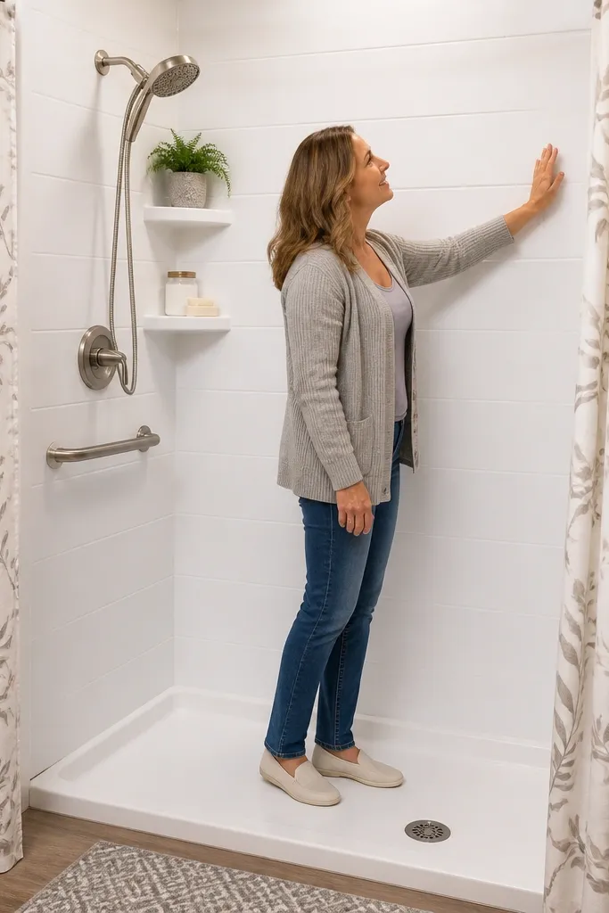Matte white shower wall with clean lines and neat caulk edges