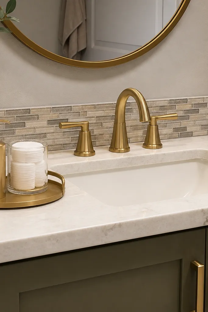 Small vanity with a narrow tile backsplash strip and tidy tray styling