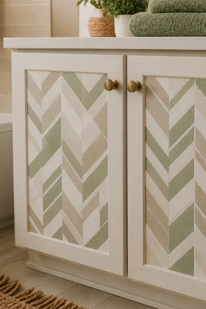 Soft geometric decals on small bathroom cabinet doors with clean hardware