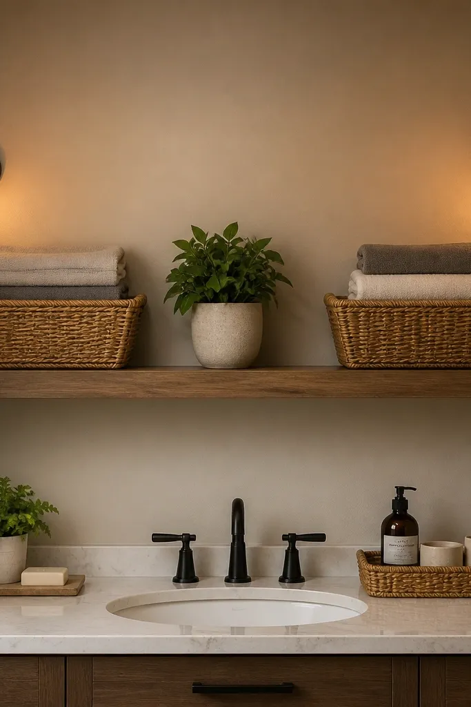 Floating ledge shelf with slim baskets and neatly folded towels
