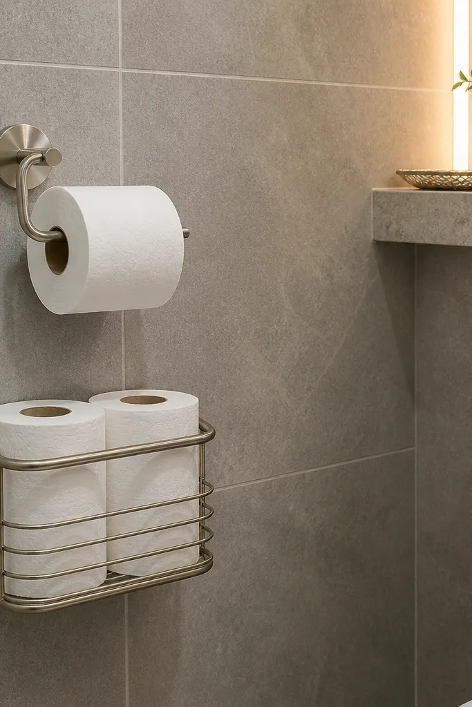 Wall-mounted toilet paper holder with a small caddy next to it