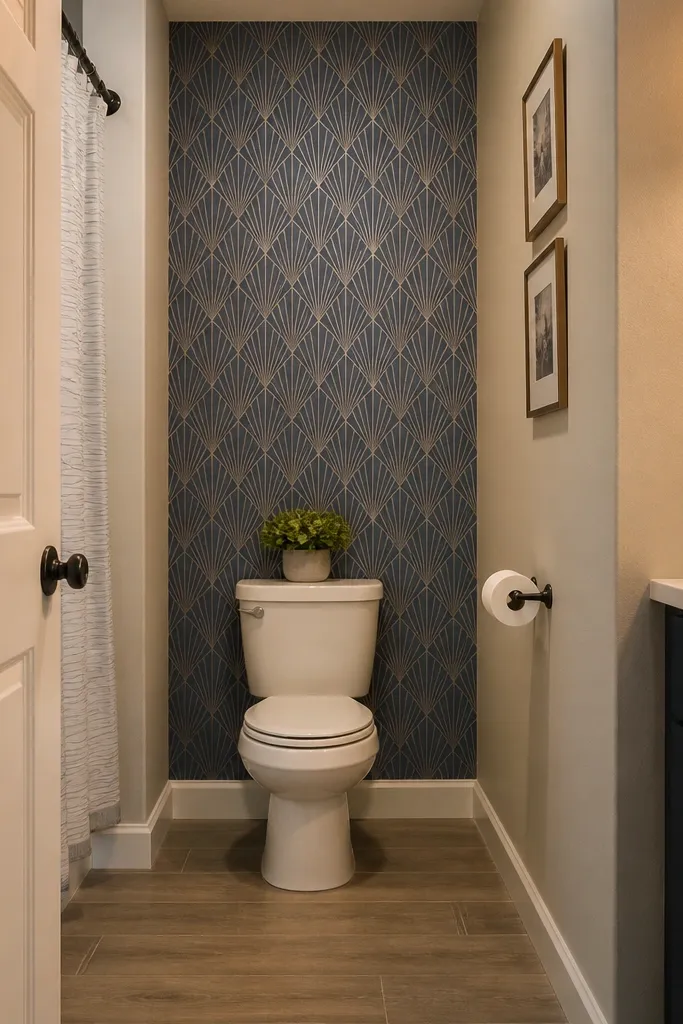 Removable wallpaper accent panel behind toilet in a small bathroom