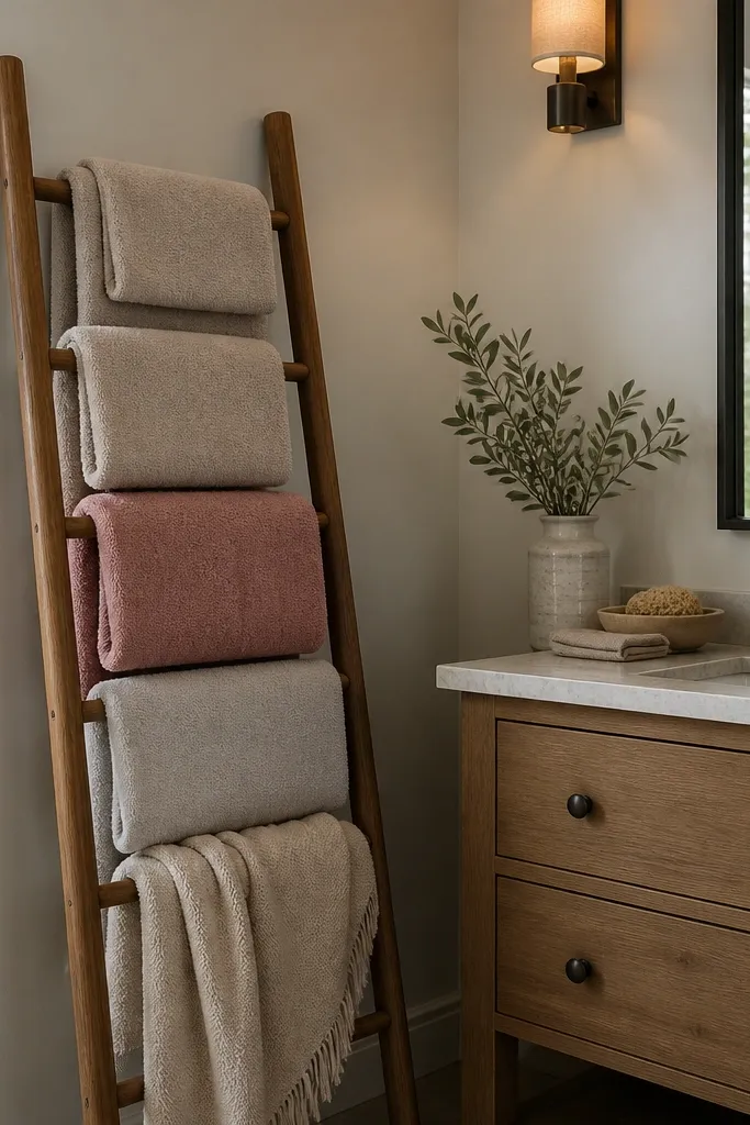Small towel ladder with folded towels and a neutral throw on a bathroom wall