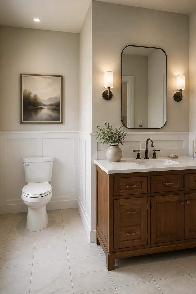 Matte white wainscot-look trim panels on small bathroom walls