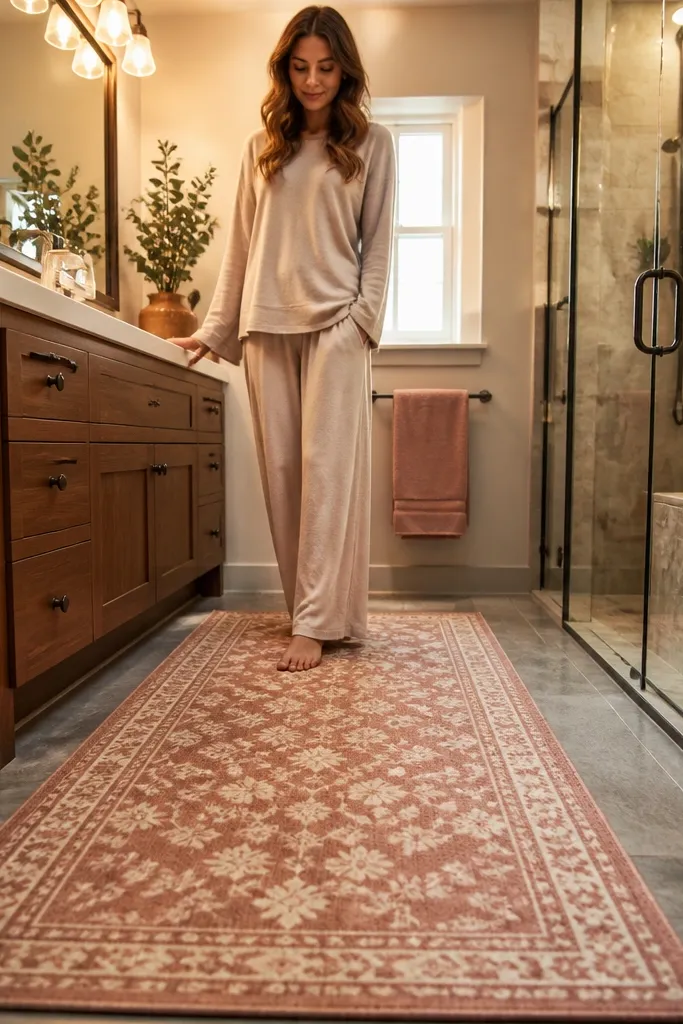 Patterned anti-slip shower runner with matching towels in a small bathroom